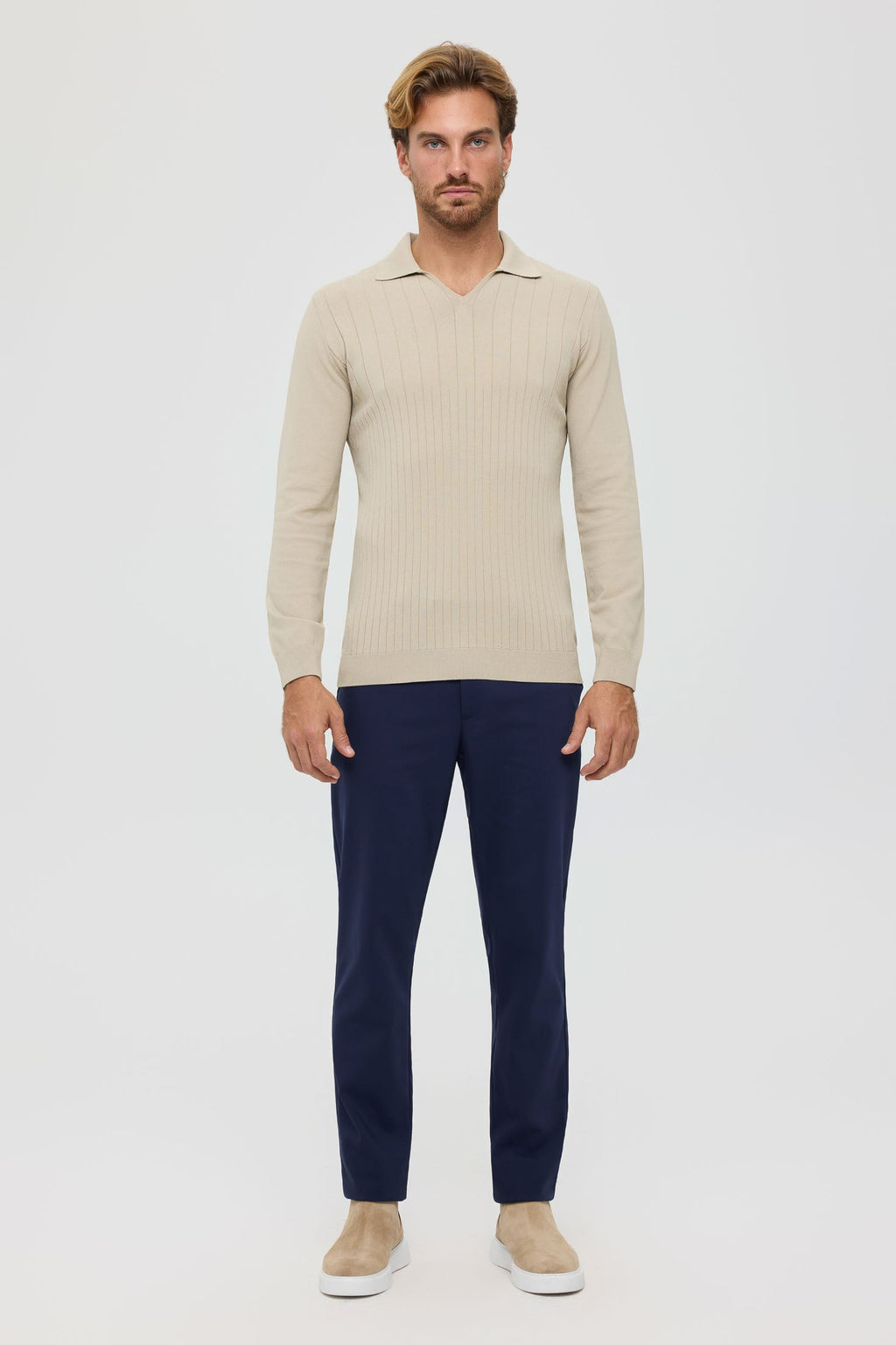 Men’s Premium Long-Sleeve Knit Pullover Polo – Fine Rib Texture | Style 8030-1